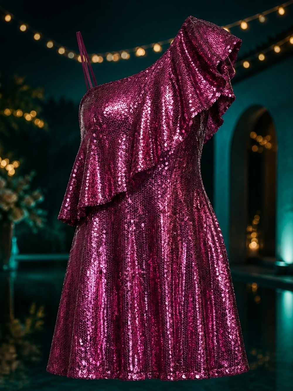 Homecoming Fairycore Sparkly Fuchsia Purple Flowy Ruffle One Shoulder Dress 4051